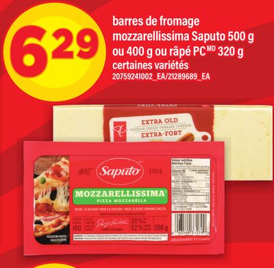 Barres fromage mozzarellissima mozzarellissima saputo, 500 g ou, 400 g ou râpé pc, 320 g