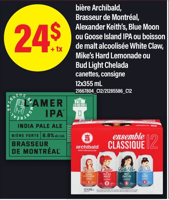 Bière archibald brasseur de montréal, alexander keith's, blue moon ou goose island ipa ou boisson de malt alcoolisée white claw, mike's hard lemonade ou bud light chelada canettes