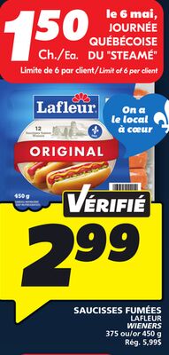 SAUCISSES FUMÉES. LAFLEUR. 375 ou/or 450 g.