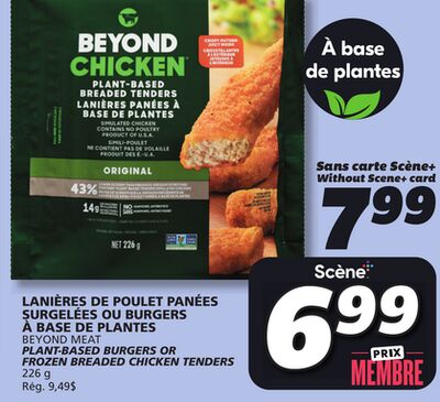 Lanières de poulet panées surgelées ou burgers à base de plantes beyond meat