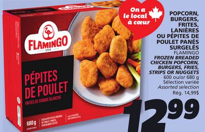 Popcorn, burgers, frites, lanières ou pépites de poulet panés surgelés flamingo