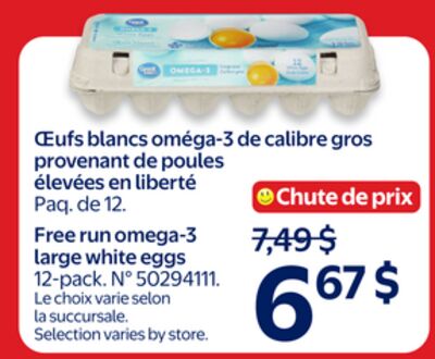 Œufs blancs omega-3 de calibre gros provenant de poules élevées en liberté