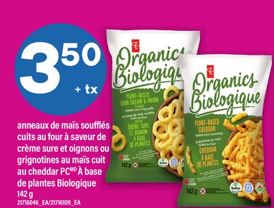 ANNEAUX DE MAÏS SOUFFLÉS CUITS AU FOUR À SAVEUR DE CRÈME SURE ET OIGNONS OU GRIGNOTINES AU MAÏS CUIT AU CHEDDAR PC À BASE DE PLANTES BIOLOGIQUE, 142 G