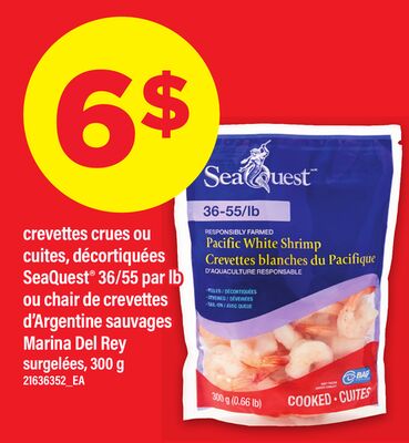 CREVETTES CRUES OU CUITES, DÉCORTIQUÉES SEAQUEST® 36/55 PAR LB OU CHAIR DE CREVETTES D'ARGENTINE SAUVAGES MARINA DEL REY, 300 G