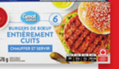 Burgers de bœuf ou de poulet ou burgers entièrement cuits great value