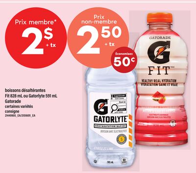 Boissons désaltérantes fit 828 ml ou gatorlyte 591 ml gatorade