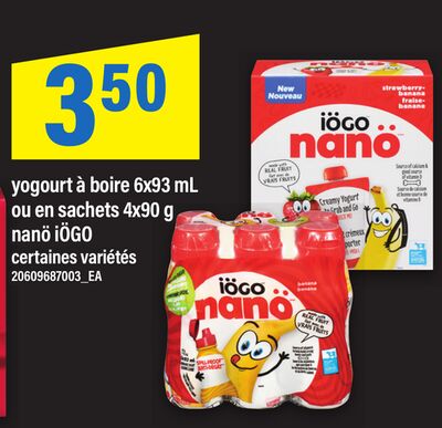 Yogourt à boire, 6x93 ml ou en sachets, 4x90 g nanö iögo