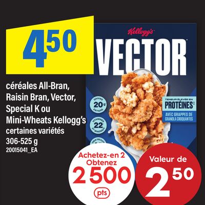 Céréales all-bran, raisin bran, vector, special k ou mini-wheats kellogg's, 306-525 g