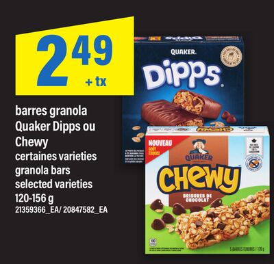 Barres granola quaker dipps ou chewy, 120-156 g