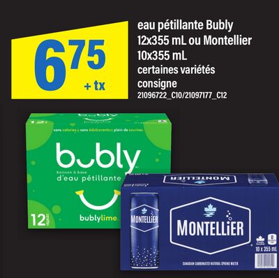 Eau pétillante bubly, 12x355 ml ou montellier, 10x355 ml